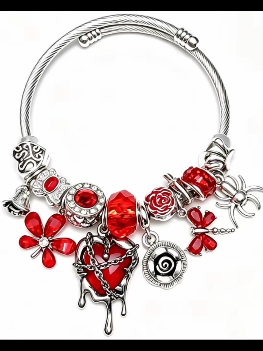 Silver-Tone Charm Bracelet with Red Beads & Heart Pendant